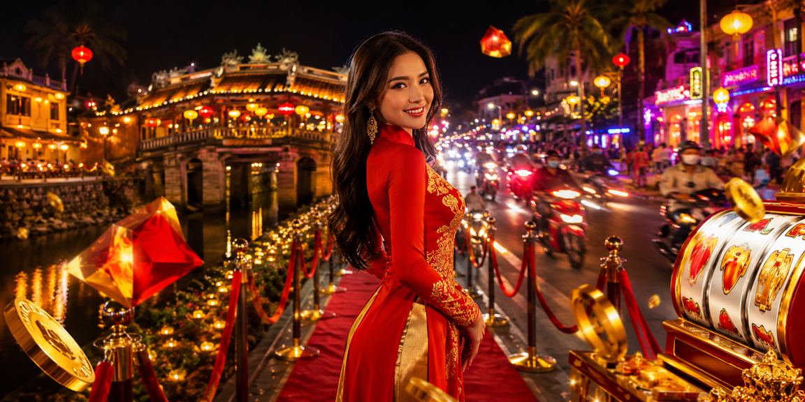 Người chơi slot game mặc áo dài tại phố cổ Hội An với ánh đèn lồng lung linh